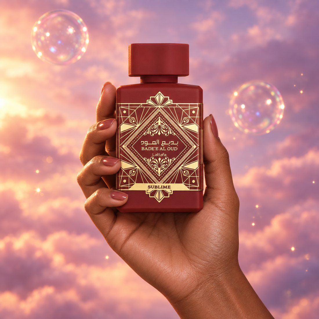 A hand holds the bottle of Bade'e Al Oud Sublime by Lattafa among pink clouds.