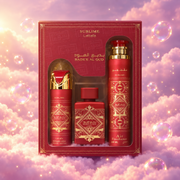 The Bade'e Al Oud Sublime 3-Piece Set box by Lattafa, open with the set’s pieces inside.