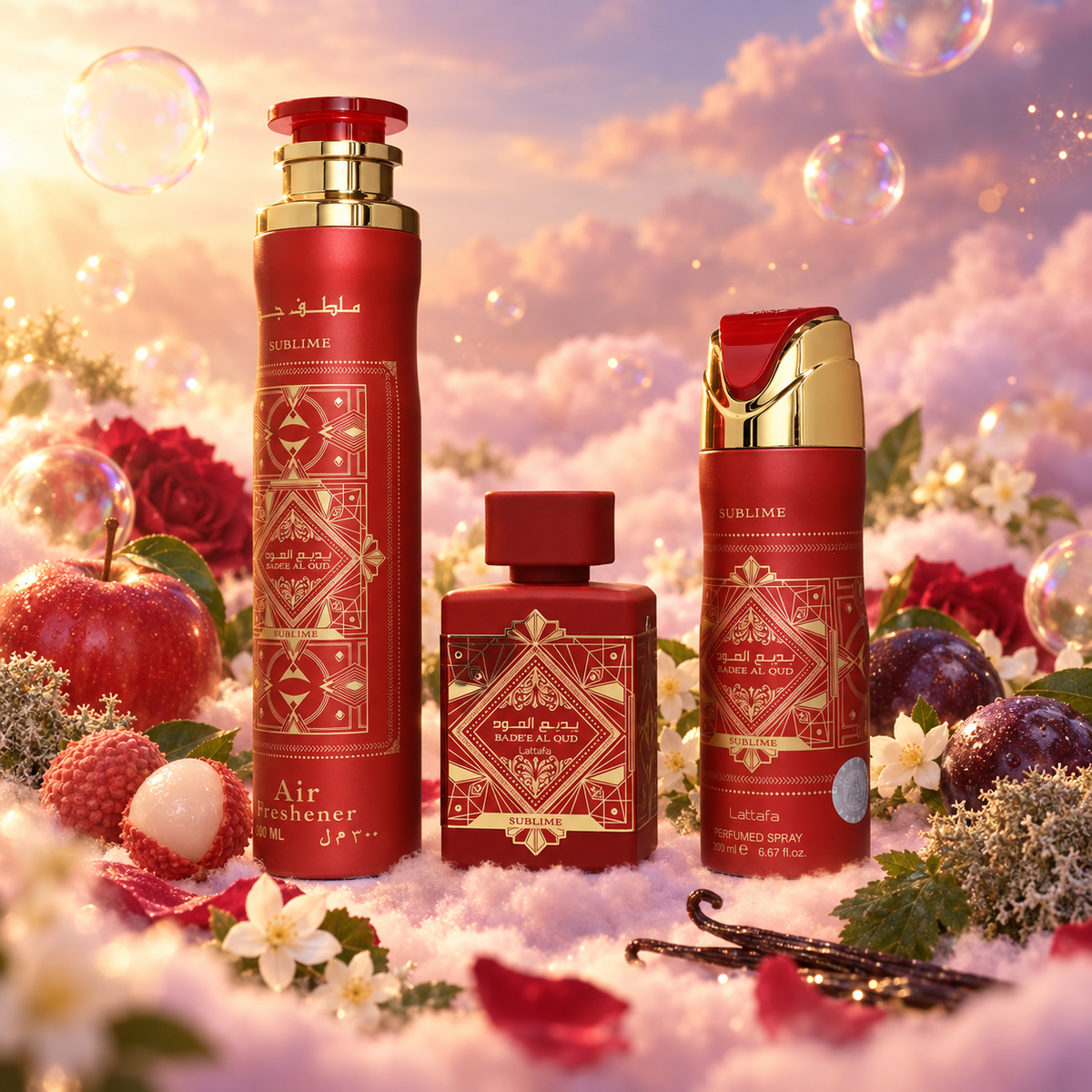 The pieces of the Bade'e Al Oud Sublime 3-Piece Set by Lattafa with apple, lychee, plum and jasmine, on clouds.