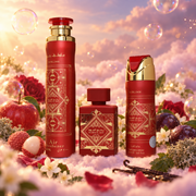 The pieces of the Bade'e Al Oud Sublime 3-Piece Set by Lattafa with apple, lychee, plum and jasmine, on clouds.