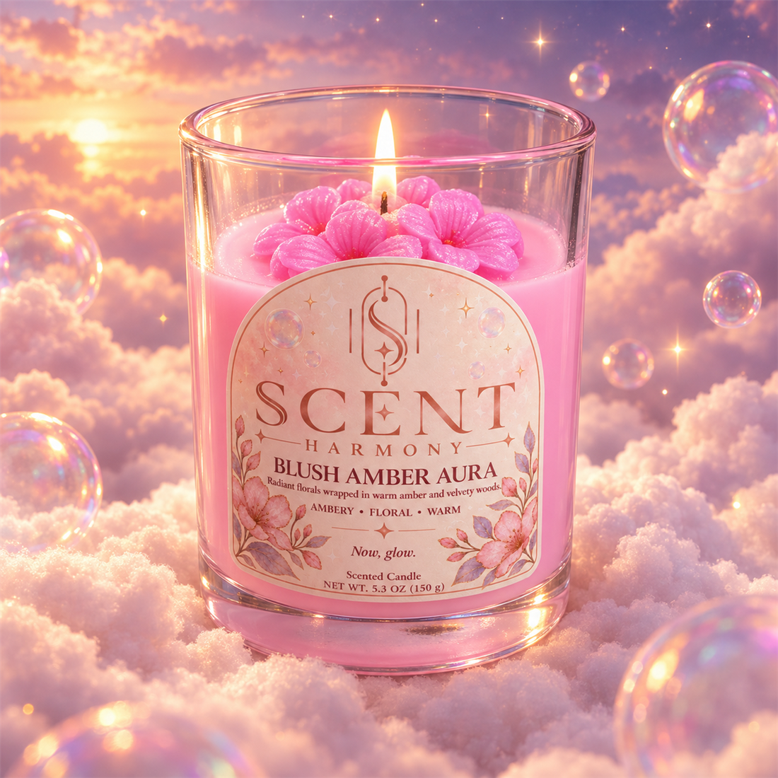 The Blush Amber Aura candle, lit