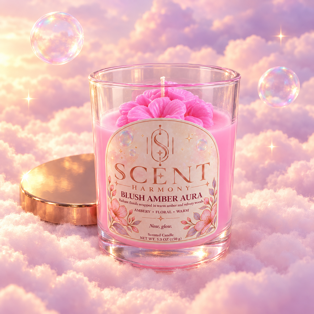 The Blush Amber Aura candle by Scent Harmony, hand-poured in soy, with its wax flower