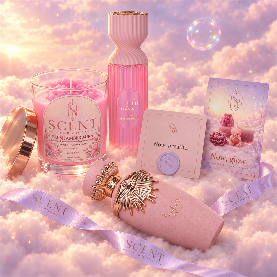Close-up of the Blush Hour kit with the Now, breathe card and the Scent Harmony ribbon