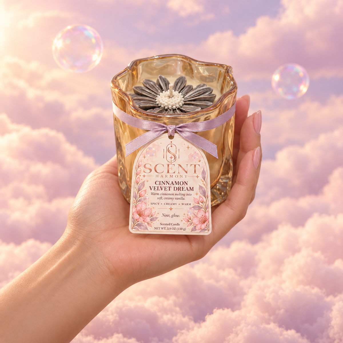 Vela Cinnamon Velvet Dream en la mano, para ver su tamaño