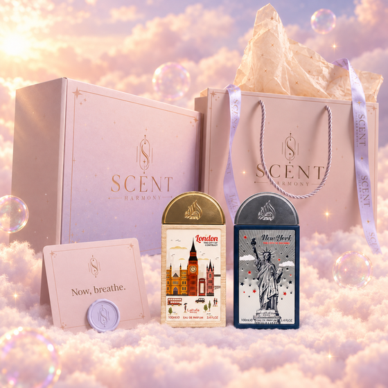 Kit de regalo City Lights para parejas delante de la caja y la bolsa de regalo de Scent Harmony