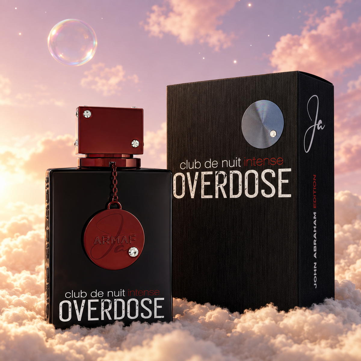El frasco de Club de Nuit Intense Overdose de Armaf junto a su caja original, sobre nubes.