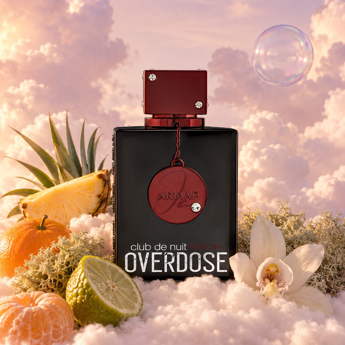 El frasco de Club de Nuit Intense Overdose de Armaf rodeado de piña, bergamota, musgo de roble, flor de vainilla sobre nubes.