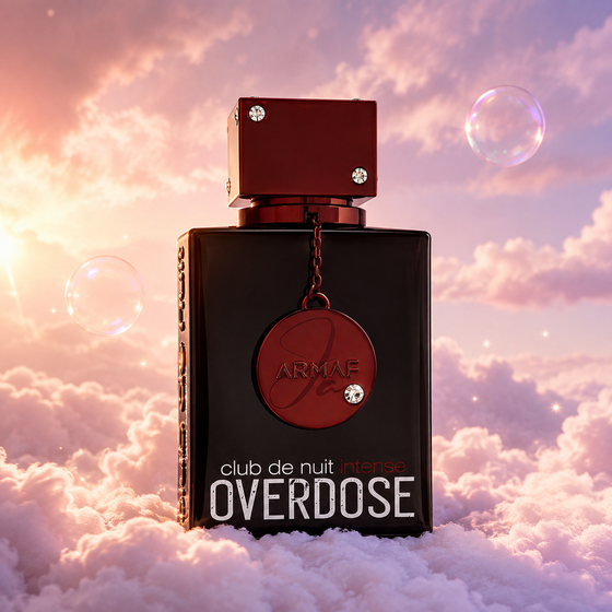 Bottle of Club de Nuit Intense Overdose by Armaf on a bank of clouds, in a pink and lavender sky with iridescent bubbles and golden light.