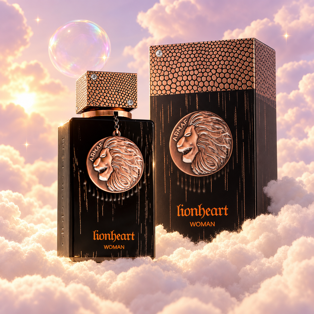El frasco de Club de Nuit Lionheart Woman de Armaf junto a su caja original, sobre nubes.