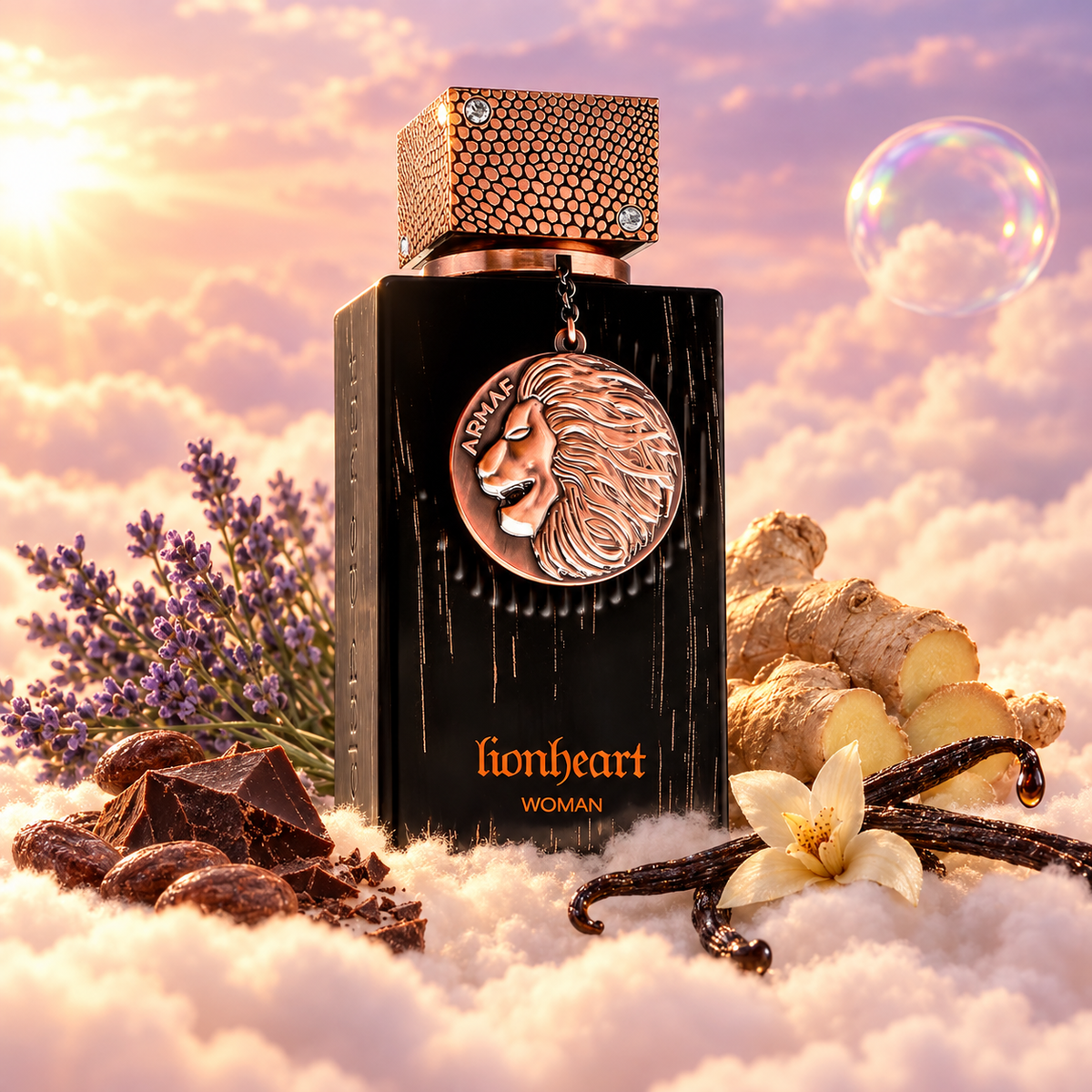 El frasco de Club de Nuit Lionheart Woman de Armaf rodeado de lavanda, vainilla, cacao, jengibre sobre nubes.