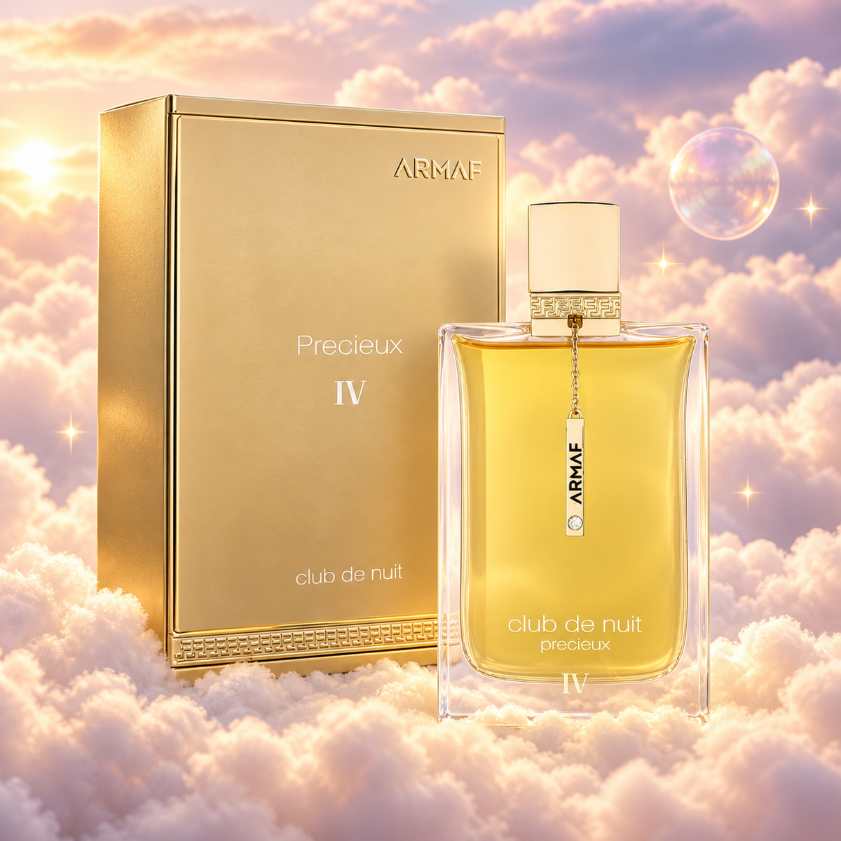 El frasco de Club de Nuit Précieux IV de Armaf junto a su caja original, sobre nubes.