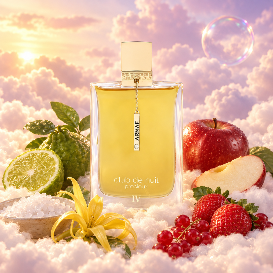 El frasco de Club de Nuit Précieux IV de Armaf rodeado de sal marina, bergamota, ylang-ylang, frutos rojos sobre nubes.