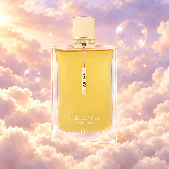Bottle of Club de Nuit Précieux IV by Armaf on a bank of clouds, in a pink and lavender sky with iridescent bubbles and golden light.