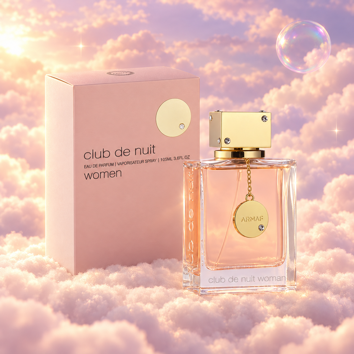 El frasco de Club de Nuit Woman de Armaf junto a su caja original, sobre nubes.