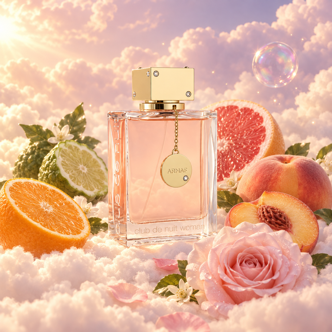 El frasco de Club de Nuit Woman de Armaf rodeado de naranja, bergamota, rosa, jazmín sobre nubes.