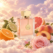 El frasco de Club de Nuit Woman de Armaf rodeado de naranja, bergamota, rosa, jazmín sobre nubes.