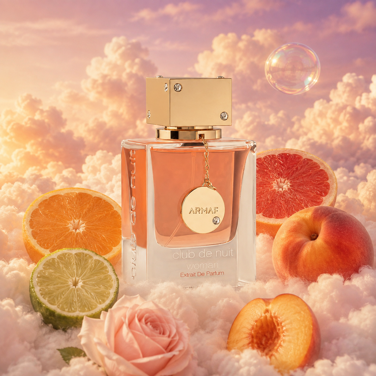 El frasco de Club de Nuit Woman Extrait de Parfum de Armaf rodeado de naranja, bergamota, rosa, jazmín sobre nubes.
