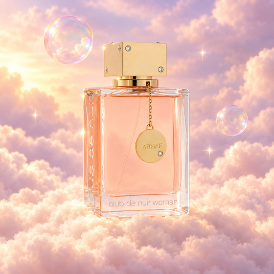 Frasco de Club de Nuit Woman de Armaf sobre un banco de nubes, en un cielo rosa y lavanda con pompas iridiscentes y luz dorada.