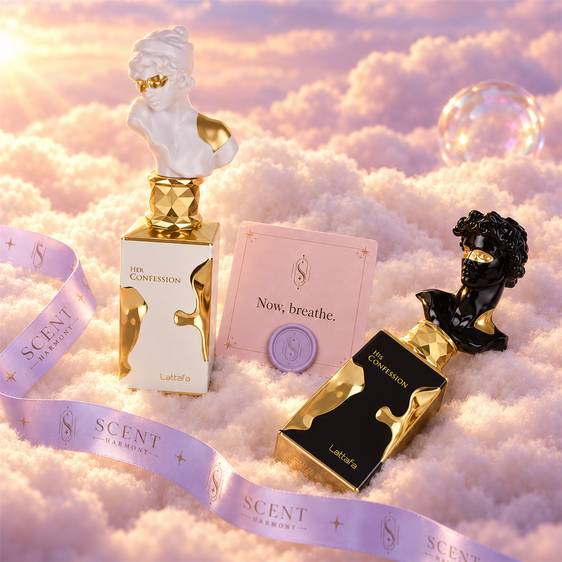 Detalle del kit Confessions for Two con la tarjeta Now, breathe y la cinta de Scent Harmony