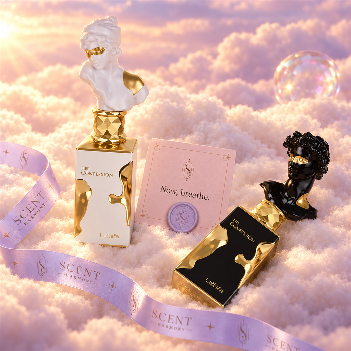 Detalle del kit Confessions for Two con la tarjeta Now, breathe y la cinta de Scent Harmony