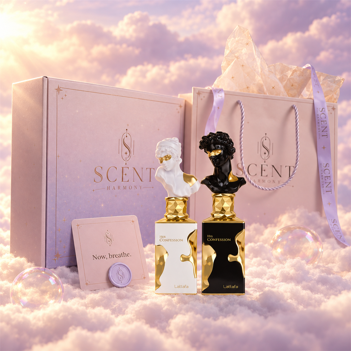 Kit de regalo Confessions for Two para parejas delante de la caja y la bolsa de regalo de Scent Harmony