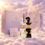 Kit de regalo Confessions for Two para parejas delante de la caja y la bolsa de regalo de Scent Harmony