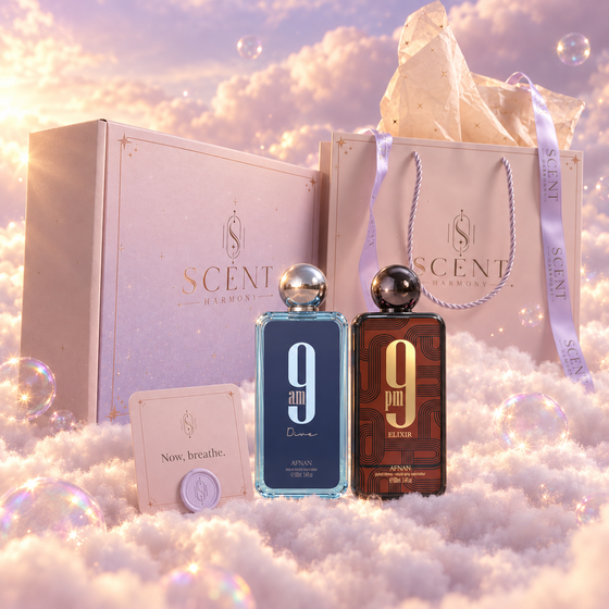 Kit de regalo Dawn to Dusk para él delante de la caja y la bolsa de regalo de Scent Harmony