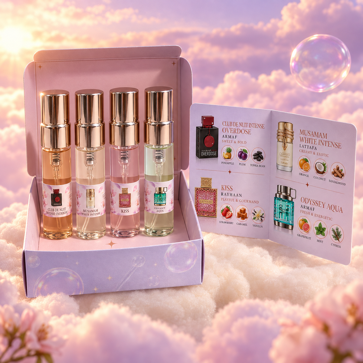 The kit box open, with the four vials and the card with each perfume’s notes