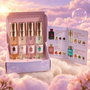 The kit box open, with the four vials and the card with each perfume’s notes
