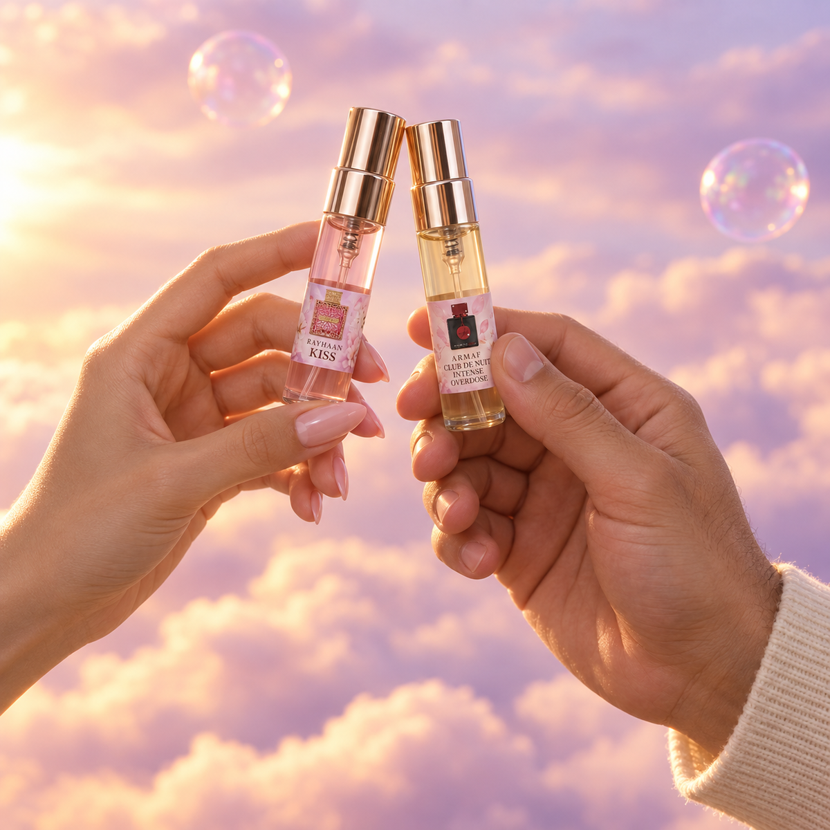Her hand and his, toasting with the Kiss and Club de Nuit Intense Overdose vials