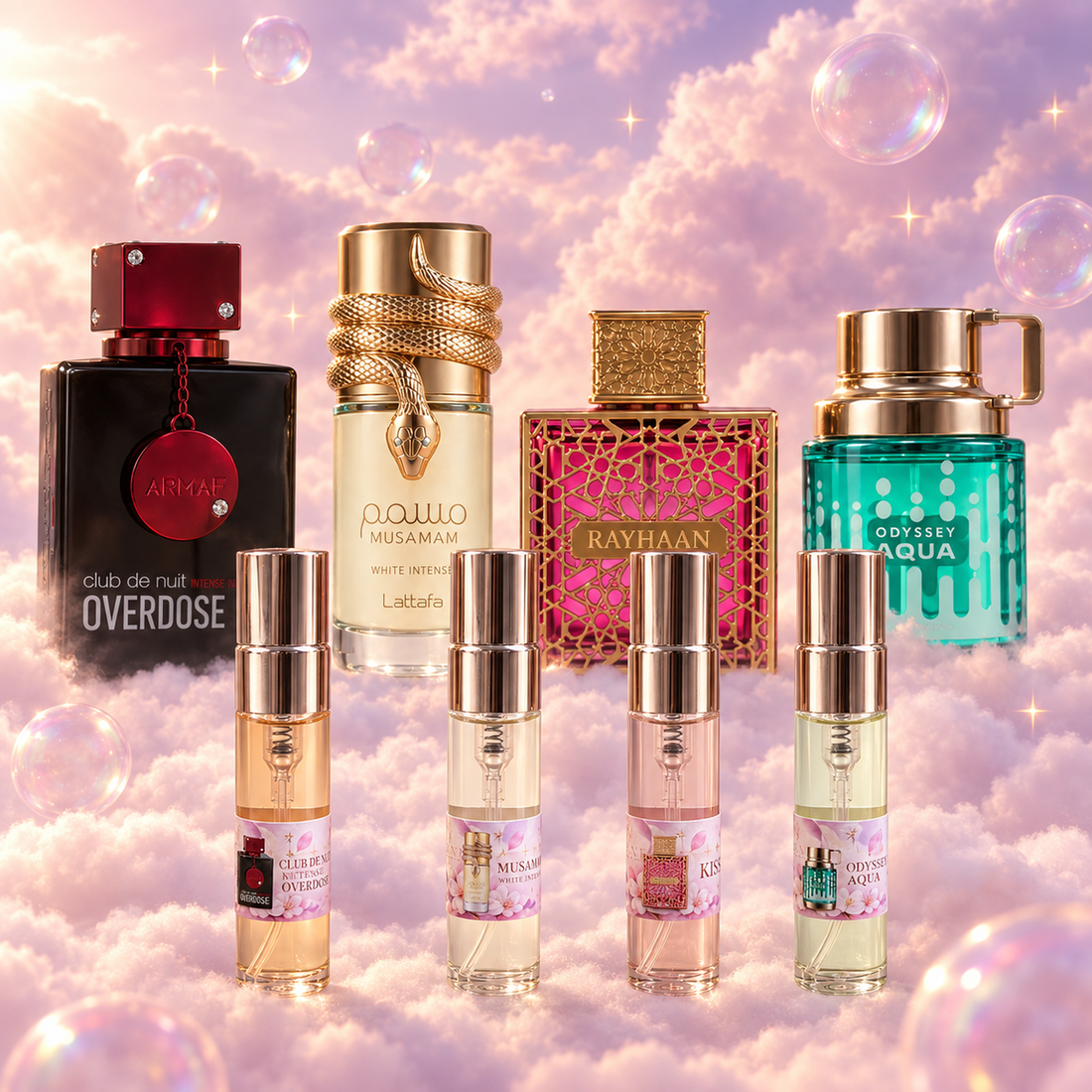 Discovery Kit, His & Hers Edition (Bold): four 5 ml vials of Club de Nuit Intense Overdose, Musamam White Intense, Kiss and Odyssey Aqua in front of their original bottles