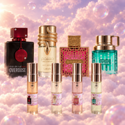 Discovery Kit, His & Hers Edition (Bold): four 5 ml vials of Club de Nuit Intense Overdose, Musamam White Intense, Kiss and Odyssey Aqua in front of their original bottles