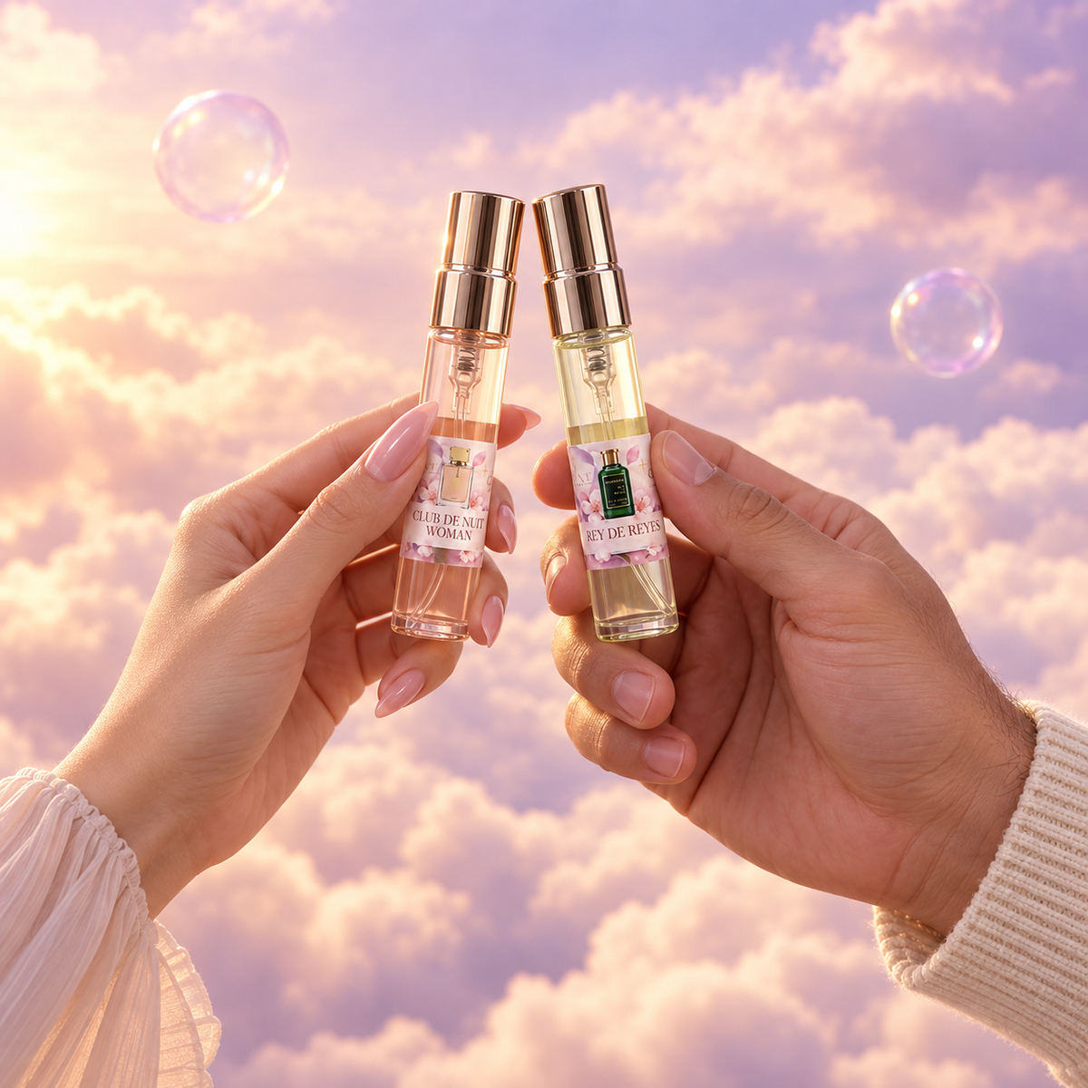Her hand and his, toasting with the Club de Nuit Woman and Rey de Reyes vials