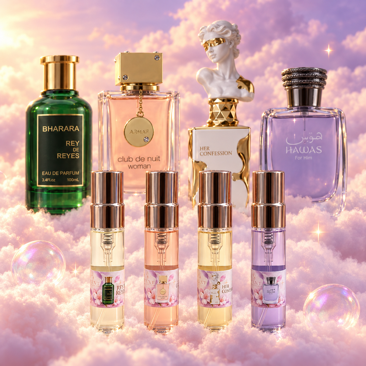 Discovery Kit, His & Hers Edition (Romantic): four 5 ml vials of Rey de Reyes, Club de Nuit Woman, Her Confession and Hawas For Him in front of their original bottles