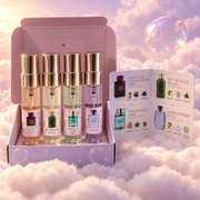 The kit box open, with the four vials and the card with each perfume’s notes