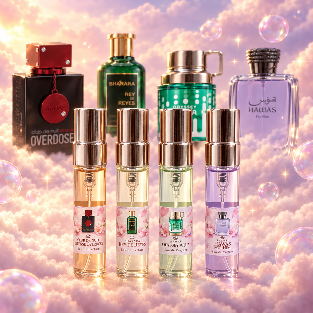 Discovery Kit, Men’s Edition: four 5 ml vials of Club de Nuit Intense Overdose, Rey de Reyes, Odyssey Aqua and Hawas For Him in front of their original bottles