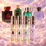 Discovery Kit, Men’s Edition: four 5 ml vials of Club de Nuit Intense Overdose, Rey de Reyes, Odyssey Aqua and Hawas For Him in front of their original bottles