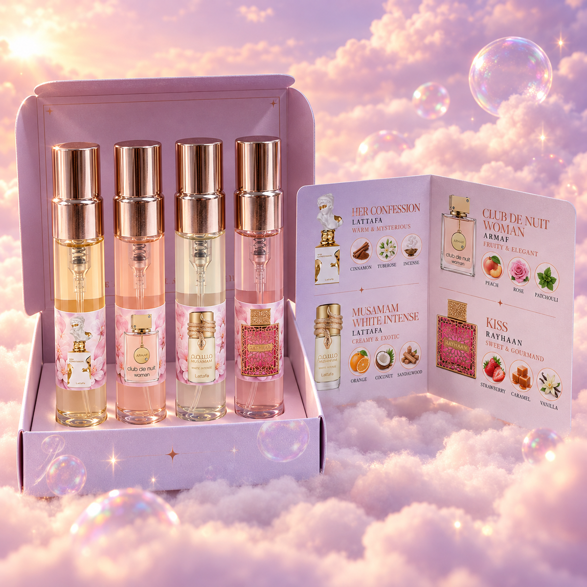 La cajita del kit abierta con los cuatro viales y la tarjeta con las notas de cada perfume