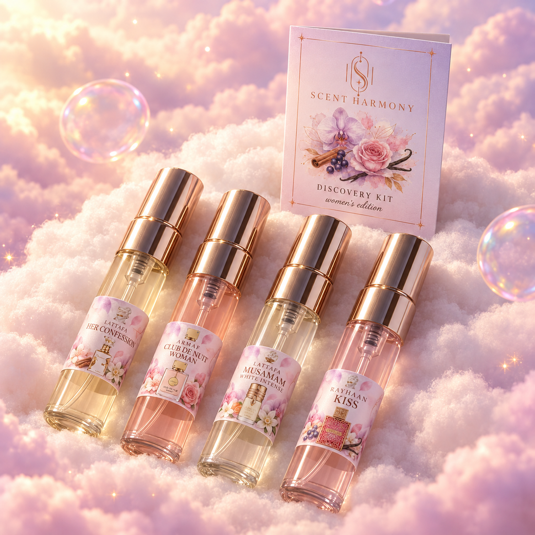 La tarjeta Discovery Kit women's edition junto a los cuatro viales de 5 ml