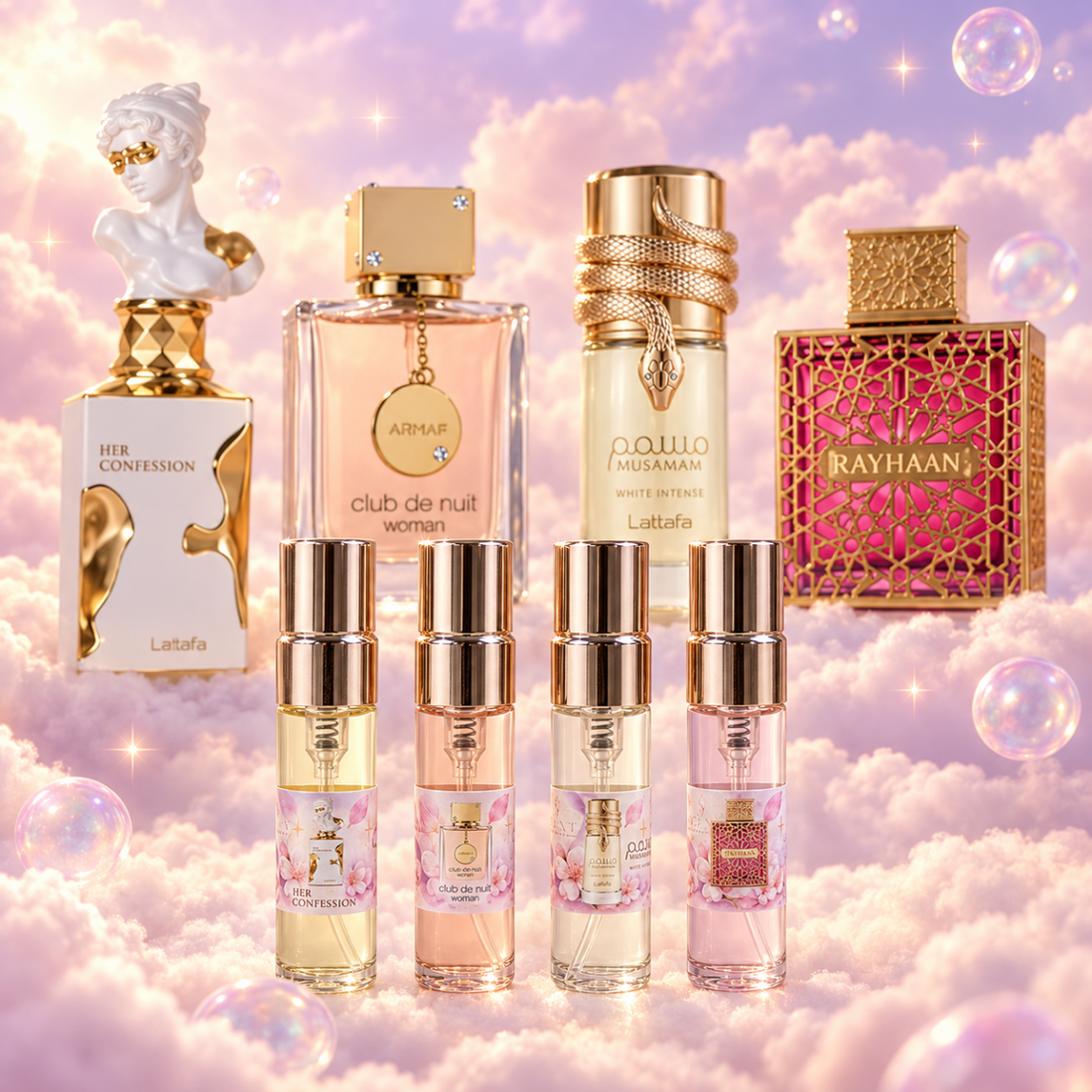 Kit de Descubrimiento Edición Mujer: cuatro viales de 5 ml de Her Confession, Club de Nuit Woman, Musamam White Intense y Kiss delante de sus frascos originales
