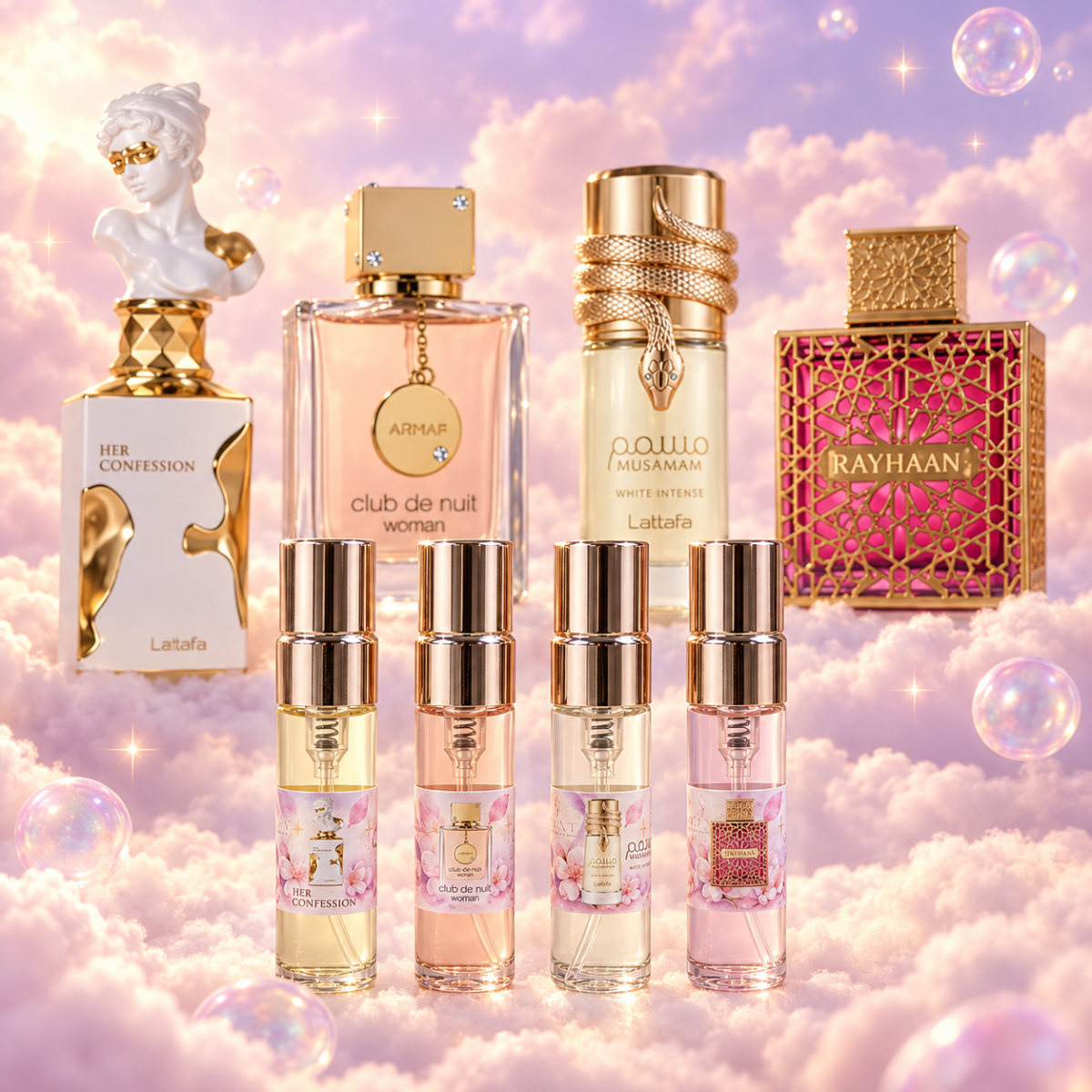 Kit de Descubrimiento Edición Mujer: cuatro viales de 5 ml de Her Confession, Club de Nuit Woman, Musamam White Intense y Kiss delante de sus frascos originales