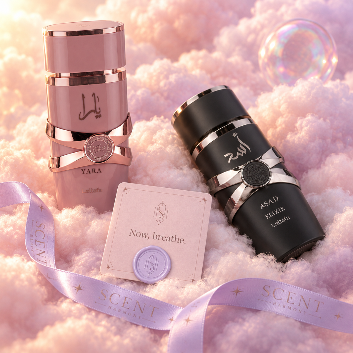 Close-up of the Elixir for Two kit with the Now, breathe card and the Scent Harmony ribbon