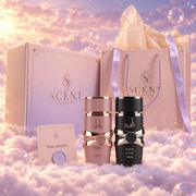 Elixir for Two gift set for couples, in front of the Scent Harmony box and gift bag