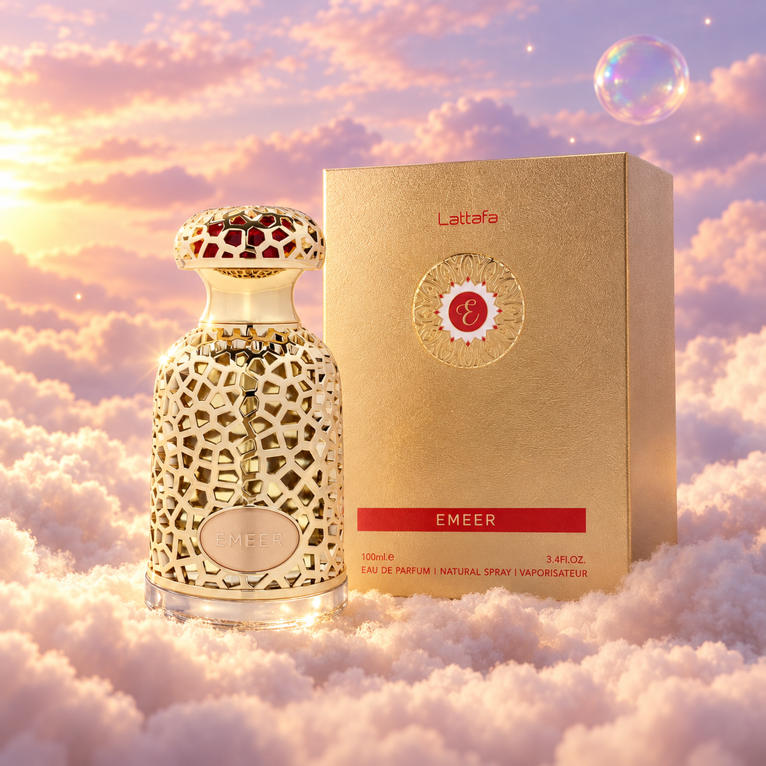 The bottle of Emeer by Lattafa next to its original box, on clouds.