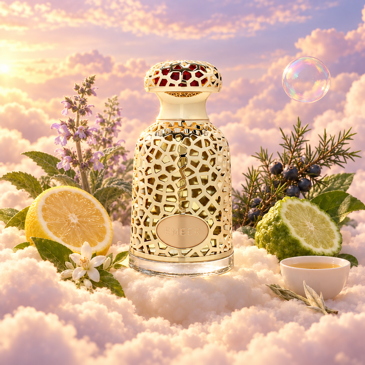 The bottle of Emeer by Lattafa surrounded by lemon, bergamot, white tea and sandalwood, on clouds.