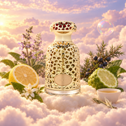 The bottle of Emeer by Lattafa surrounded by lemon, bergamot, white tea and sandalwood, on clouds.