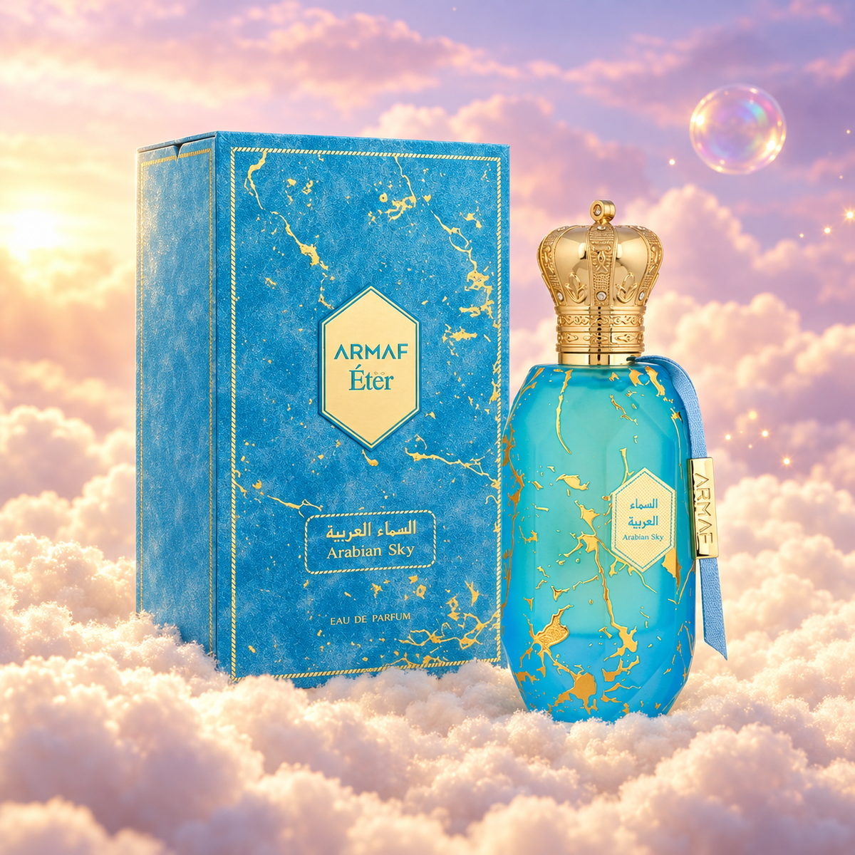 El frasco de Eter Arabian Sky de Armaf junto a su caja original, sobre nubes.