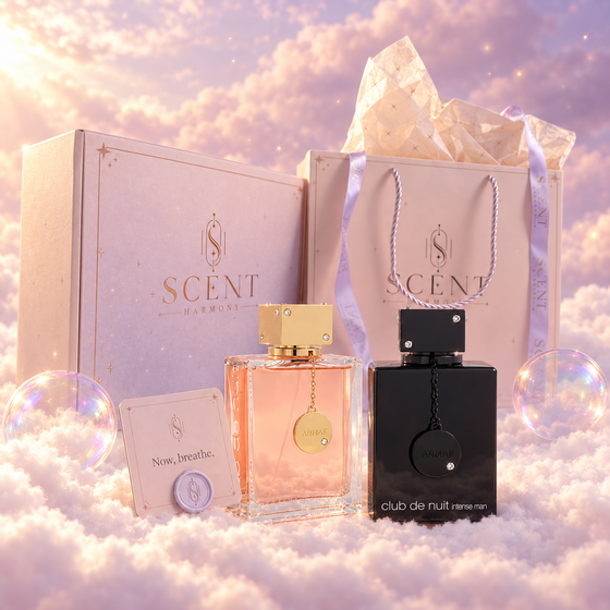 Kit de regalo First Dance para parejas delante de la caja y la bolsa de regalo de Scent Harmony