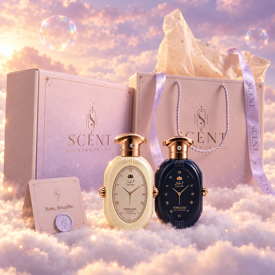 Forever & Always gift set for couples, in front of the Scent Harmony box and gift bag