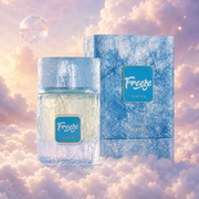 The bottle of Freeze by Riiffs next to its original box, on clouds.